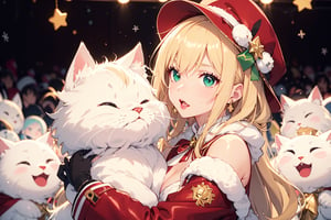 Blonde girl,short hair,ruby-like eyes,long red eyelashes,red lips, wearing a red snow hat with a white fur ball on the top,a purple starfish on the hat,white fur on the edge of the hat,and a red coat,coat with gold buttons,green skirt,green bow on the neck,green sneakers,gold laces, no gloves,singing in front of microphone,a sleeping furry white cat on top head,white cat wearing a pink bow on its head,surrounded by bubbles,shining point,concert,colorful stage lighting,no people,Tetris game background