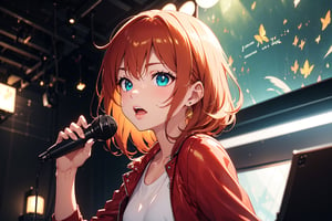 solo,1boy,closeup face,blue glowing aura,thick hair,orange hair,brown hair,gold frame sunglasses,red tie,red jacket,teal shorts,White shirt,a gold edge pocket on left side pants,white sneakers,right hand wearing a white square watch,white sneakers,singing in front of microphone,play electric guitar,universe background,cyan beam,fireflies,shining point,concert,colorful stage lighting,no people