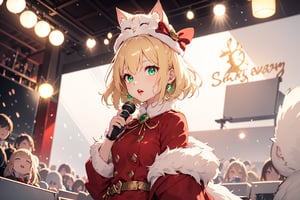 Blonde girl,short hair,ruby-like eyes,long red eyelashes,red lips, wearing a red snow hat with a white fur ball on the top,a purple starfish on the hat,white fur on the edge of the hat,and a red coat,coat with gold buttons,green skirt,green bow on the neck,green sneakers,gold laces, no gloves,singing in front of microphone,a sleeping furry white cat on top head,white cat wearing a pink bow on its head,surrounded by bubbles,shining point,concert,colorful stage lighting,no people,Tetris game background