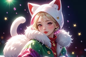 Blonde woman,playing electric guitar,short hair,red eyes,long red eyelashes,red lips,wearing a red snow hat with a white fur ball on the top,a purple starfish on the hat,white fur on the edge of the hat,and a red coat,coat with gold buttons,green skirt,green bow on the neck,green sneakers,gold laces, no gloves,singing in front of microphone,sleeping furry white cat audience,white cat wearing a pink bow on head,surrounded by bubbles,shining point,concert,colorful stage lighting,no people,Tetris game background,anime