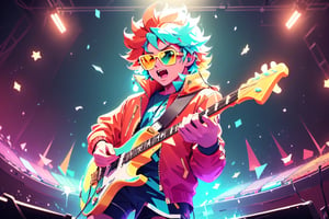 solo,1man,closeup face,blue glowing aura,thick hair,orange hair,brown hair,gold frame sunglasses,red tie,red jacket,teal shorts,White shirt,a gold edge pocket on left side pants,white sneakers,right hand wearing a white square watch,white sneakers,singing in front of microphone,play electric guitar,universe background,cyan beam,fireflies,shining point,concert,colorful stage lighting,no people