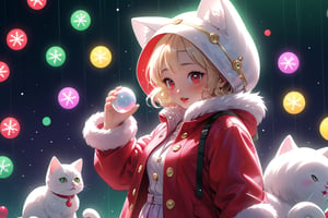Blonde woman,singing,playing electric guitar,short hair,red eyes,long red eyelashes,red lips,wearing a red snow hat with a white fur ball on the top,a purple starfish on the hat,white fur on the edge of the hat,and a red coat,coat with gold buttons,green skirt,green bow on the neck,green sneakers,gold laces, no gloves,singing in front of microphone,sleeping furry white cat audience,white cat wearing a pink bow on head,surrounded by bubbles,shining point,concert,colorful stage lighting,no people,Tetris game background,anime
