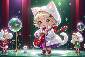 Blonde girl,singing,playing electric guitar,short hair,red eyes,long red eyelashes,red lips,wearing a red snow hat with a white fur ball on the top,a purple starfish on the hat,white fur on the edge of the hat,and a red coat,coat with gold buttons,green skirt,green bow on the neck,green sneakers,gold laces, no gloves,singing in front of microphone,sleeping furry white cat audience,white cat wearing a pink bow on head,surrounded by bubbles,shining point,concert,colorful stage lighting,no people,Tetris game background,anime