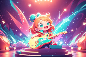 solo,girl,closeup face,blue glowing aura,thick hair,orange hair,brown hair,gold frame sunglasses,red tie,red jacket,teal shorts,White shirt,a gold edge pocket on left side pants,white sneakers,right hand wearing a white square watch,white sneakers,singing in front of microphone,play electric guitar,universe background,cyan beam,fireflies,shining point,concert,colorful stage lighting,no people