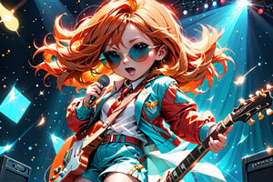 solo,girl,closeup face,blue glowing aura,thick hair,orange hair,brown hair,gold frame sunglasses,red tie,red jacket,teal shorts,White shirt,a gold edge pocket on left side pants,white sneakers,right hand wearing a white square watch,white sneakers,singing in front of microphone,play electric guitar,universe background,cyan beam,fireflies,shining point,concert,colorful stage lighting,no people,Xxmix_Catecat