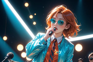solo,closeup face,blue glowing aura,thick hair,orange hair,brown hair,gold frame sunglasses,red tie,red jacket,teal shorts,White shirt,a gold edge pocket on left side pants,white sneakers,right hand wearing a white square watch,white sneakers,singing in front of microphone,play electric guitar,universe background,cyan beam,fireflies,shining point,concert,colorful stage lighting,no people