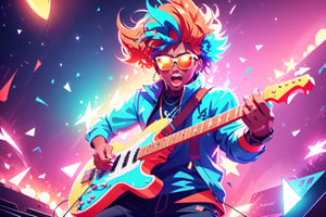 solo,1man,closeup face,blue glowing aura,thick hair,orange hair,brown hair,gold frame sunglasses,red tie,red jacket,teal shorts,White shirt,a gold edge pocket on left side pants,white sneakers,right hand wearing a white square watch,white sneakers,singing in front of microphone,play electric guitar,universe background,cyan beam,fireflies,shining point,concert,colorful stage lighting,no people