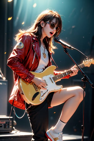 blue glowing aura,little boy,thick hair,orange hair,brown hair,gold frame sunglasses,red tie,red jacket,teal shorts,White shirt,a gold edge pocket on left side pants,white sneakers,right hand wearing a white square watch,white sneakers,singing in front of microphone,play electric guitar,pineapple background,cyan beam,fireflies,shining point,concert,no people