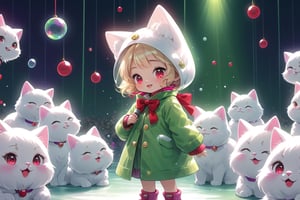 Blonde girl,singing,playing electric guitar,short hair,red eyes,long red eyelashes,red lips,wearing a red snow hat with a white fur ball on the top,a purple starfish on the hat,white fur on the edge of the hat,and a red coat,coat with gold buttons,green skirt,green bow on the neck,green sneakers,gold laces, no gloves,singing in front of microphone,sleeping furry white cat audience,white cat wearing a pink bow on head,surrounded by bubbles,shining point,concert,colorful stage lighting,no people,Tetris game background,anime