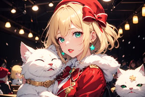 Blonde girl,short hair,ruby-like eyes,long red eyelashes,red lips, wearing a red snow hat with a white fur ball on the top,a purple starfish on the hat,white fur on the edge of the hat,and a red coat,coat with gold buttons,green skirt,green bow on the neck,green sneakers,gold laces, no gloves,singing in front of microphone,holding a sleeping furry white cat,white cat wearing a pink bow on its head,surrounded by bubbles,shining point,concert,colorful stage lighting,no people,Tetris game background