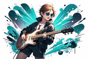 solo,1boy,closeup face,blue glowing aura,thick hair,orange hair,brown hair,gold frame sunglasses,red tie,red jacket,teal shorts,White shirt,a gold edge pocket on left side pants,white sneakers,right hand wearing a white square watch,white sneakers,singing in front of microphone,play electric guitar,universe background,cyan beam,fireflies,shining point,concert,colorful stage lighting,no people