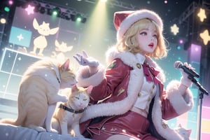 Blonde girl,short hair,ruby-like eyes,long red eyelashes,red lips, wearing a red snow hat with a white fur ball on the top,a purple starfish on the hat,white fur on the edge of the hat,and a red coat,coat with gold buttons,green skirt,green bow on the neck,green sneakers,gold laces, no gloves,singing in front of microphone,surrounded by sleeping furry white cat,white cat wearing a pink bow on its head,surrounded by bubbles,shining point,concert,colorful stage lighting,no people,Tetris game background