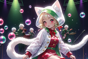 Blonde woman,playing electric guitar,short hair,red eyes,long red eyelashes,red lips,wearing a red snow hat with a white fur ball on the top,a purple starfish on the hat,white fur on the edge of the hat,and a red coat,coat with gold buttons,green skirt,green bow on the neck,green sneakers,gold laces, no gloves,singing in front of microphone,sleeping furry white cat audience,white cat wearing a pink bow on head,surrounded by bubbles,shining point,concert,colorful stage lighting,no people,Tetris game background,anime