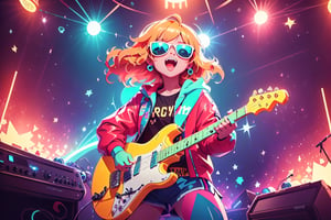 solo,girl,closeup face,blue glowing aura,thick hair,orange hair,brown hair,gold frame sunglasses,red tie,red jacket,teal shorts,White shirt,a gold edge pocket on left side pants,white sneakers,right hand wearing a white square watch,white sneakers,singing in front of microphone,play electric guitar,universe background,cyan beam,fireflies,shining point,concert,colorful stage lighting,no people