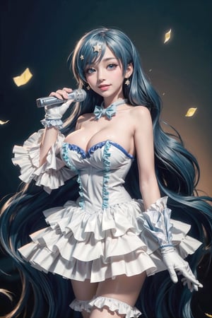 charming smile, (Masterpiece), full body shot, best quality, high resolution, highly detailed, detailed background, movie lighting, looking_at_viewer, 1girl, ((She has blue long hair, large breasts, cleavage 2.0)), blue eyes, idol, light blue idol clothes, underbust, stage, microphone , stage lights, music, blush, heavy breathing, sweat, concert, ((frilly gloves, frilly skirt 2.0)), ruffles, confetti, hearts, hair accessories, hair bows, gems, jewelry, neon lights , bow tie, pointing, spotlight, sparkles, light particles, frame breasts, cross lace