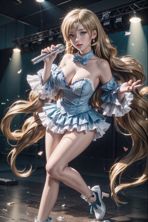 (Masterpiece), full body shot, best quality, high resolution, highly detailed, detailed background, movie lighting, looking_at_viewer, 1girl, ((She has blonde long hair, heart-shaped twintails, large breasts, cleavage 2.0)), blue eyes, idol, light blue idol clothes, underbust, stage, microphone , stage lights, music, blush, heavy breathing, sweat, concert, frilly gloves, frilly skirt, ruffles, confetti, hearts, hair accessories, hair bows, gems, jewelry, neon lights , bow tie, pointing, spotlight, sparkles, light particles, frame breasts, cross lace