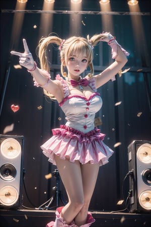 (Masterpiece), full body shot, best quality, high resolution, highly detailed, detailed background, movie lighting, looking_at_viewer, 1girl, ((She has blonde long hair, heart-shaped twintails, large breasts, cleavage 2.0)), blue eyes, idol, light blue idol clothes, underbust, stage, microphone , stage lights, music, blush, heavy breathing, sweat, concert,(( frilly gloves, frilly skirt 2.0)), ruffles, confetti, hearts, hair accessories, hair bows, gems, jewelry, neon lights , bow tie , pointing, spotlight, sparkles, light particles, frame breasts, cross lace,hmnl