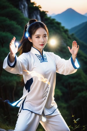 A beautiful Chinese girl, wearing a white chinese clothes, vigorously practices Tai Chi, electric light, energy, qi, mountain forest, real hands, 
full body, 