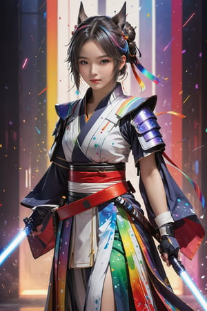 muelsyse (arknights),1girl, solo,hanfu,chinese clothes,splatter background, (rainbow color lightsaber), best quality, amazing quality, very aesthetic, absurdres,