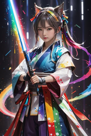 muelsyse (arknights),1girl, solo,hanfu,chinese clothes,splatter background, (holding rainbow color lightsaber), best quality, amazing quality, very aesthetic, absurdres