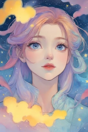 letterbox, portrait closeup, open mouth, starry sky, solo, blue eyes, 1girl, sky, (masterpiece, detailed, highres:1.4), capturing the quiet beauty and soothing essence of a woman in a whimsical, pastel watercolor world, amano yoshitaka,K-Eyes,comic book,cammystretch