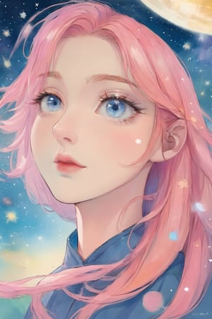 letterbox, portrait closeup, open mouth, starry sky, solo, blue eyes, 1girl, sky, (masterpiece, detailed, highres:1.4), capturing the quiet beauty and soothing essence of a woman in a whimsical, pastel watercolor world, amano yoshitaka,K-Eyes,comic book