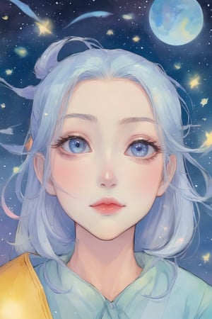 letterbox, portrait closeup, open mouth, starry sky, solo, blue eyes, 1girl, sky, (masterpiece, detailed, highres:1.4), capturing the quiet beauty and soothing essence of a woman in a whimsical, pastel watercolor world, amano yoshitaka,K-Eyes,comic book,cammystretch