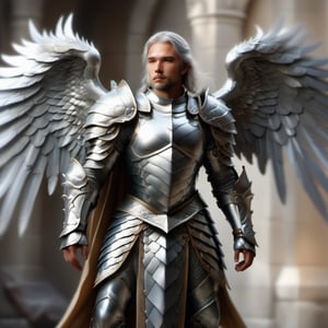 male, angel, paladin, silver wings, large wings, best quality, silver greatsword in right hand, paladin armor, knight armor, best quality,DonMB4nsh33XL ,dragon armor, male, front view, heavy wings, silver wings, metallic wings, long hair, silver hair, full body, large wings, holding a greatsword, enormous wings, bright wings, huge wings