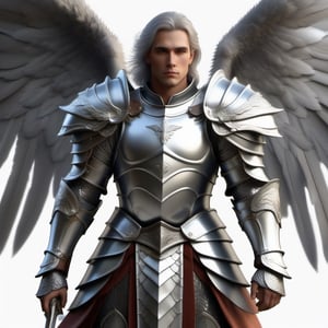 male, angel, paladin, silver wings, large wings, best quality, silver greatsword in right hand, paladin armor, knight armor, best quality,DonMB4nsh33XL ,dragon armor, male, front view