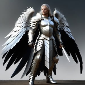 male, angel, paladin, silver wings, large wings, best quality, silver greatsword in right hand, paladin armor, knight armor, best quality,DonMB4nsh33XL ,dragon armor, male, front view, heavy wings, silver wings, metallic wings, long hair, silver hair, full body, large wings, holding a greatsword, enormous wings