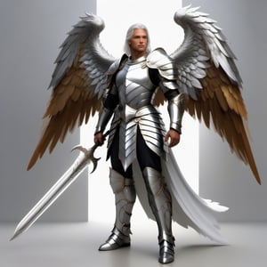 male, angel, paladin, silver wings, large wings, best quality, silver greatsword in right hand, paladin armor, knight armor, best quality,DonMB4nsh33XL ,dragon armor, male, front view, heavy wings, silver wings, metallic wings, long hair, silver hair, full body, large wings, holding a greatsword, enormous wings, bright wings