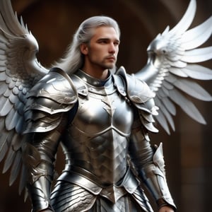 male, angel, paladin, silver wings, large wings, best quality, silver greatsword in right hand, paladin armor, knight armor, best quality,DonMB4nsh33XL ,dragon armor, male, front view, heavy wings, silver wings, metallic wings, long hair, silver hair, full body, large wings, holding a greatsword, enormous wings, bright wings, huge wings, silver wings, metal wings