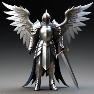 male, angel, paladin, silver wings, large wings, best quality, silver greatsword in right hand, paladin armor, knight armor, best quality,DonMB4nsh33XL ,dragon armor, male, front view