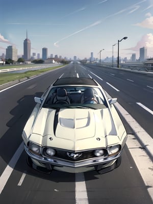 masterpiece, best quality, high Resolution, toriyama_akira style,
1970 ford mustang convertible, 1970 mustang convertible, 
road, sky, city, morning, racing car painting, midjourney, car, cloudstick