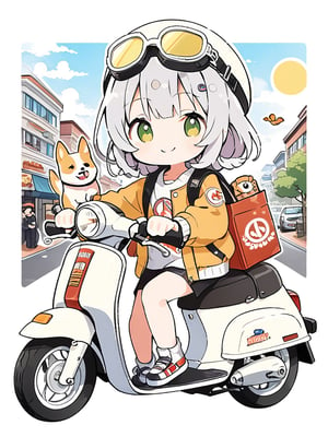 masterpiece, best quality, high Resolution, chibi style, full shot
1dog, expressive outfits, gray hair, yellow eyes, smiling
dog rider, riding honda super cub c50, super cub c50, wear half helmet, wear goggles, right claw on handle bar, ((left claw peace sign))
street, city, morning, hair flying, cute bag on shoulder, stikers on super cub c50, stikers on helmet, ani_booster, looking_at_viewer, cartoon