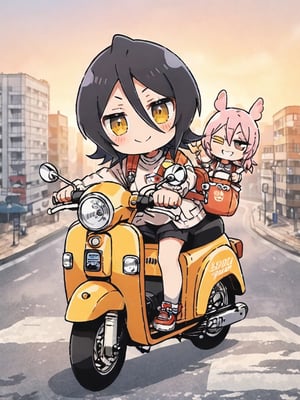 masterpiece, best quality, high Resolution, chibi style, full shot
1girl, expressive outfits, [pink hair/blue hari], yellow eyes, tilt head, smiling, (wink eye)
rider, riding honda super cub, super cub, one hand on handle bar, ((one hand peace sign)), riding to viewer
street, city, morning, hair flying, cute bag on shoulder, stikers on super cab, ani_booster, kuchiki rukia, looking_at_viewer