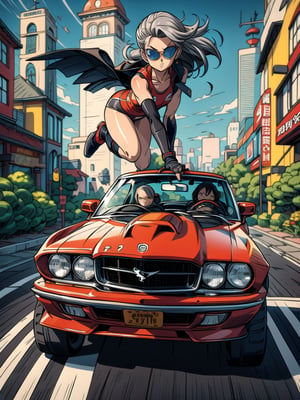 masterpiece, best quality, high Resolution, toriyama_akira style
1 girl car driver, expressive outfits, gray hair, long hair, nice brest,
driver, driving 1970 ford mustang convertible, 1970 mustang convertible, wear sun glasses, wfingerless gloves, 
road, sky, city, morning, hair flying, racing car painting looking_at_viewer, midjourney, 1 girl