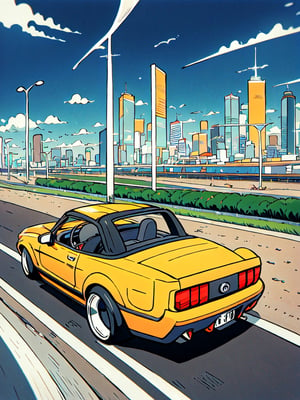 masterpiece, best quality, high Resolution, toriyama_akira style
1girl, wears sunglasses, driving ford mustang convertable, viewer from ground
racing painting, 
road, sky, city

