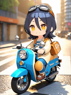 masterpiece, best quality, high Resolution, chibi style, full shot
1girl, expressive outfits, blue hair, long hair, yellow eyes, tilt head, smiling, wink eye
rider, riding honda super cub c50, super cub c50, wear half helmet, wear goggles, right hand on handle bar, ((left hand peace sign))
street, city, morning, hair flying, cute bag on shoulder, stikers on super cub c50, stikers on helmet, ani_booster, kuchiki rukia, looking_at_viewer,make_3d
