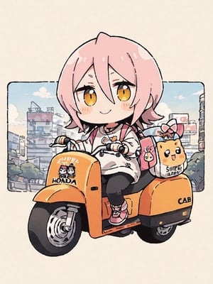 masterpiece, best quality, high Resolution, chibi style, full shot
1girl, expressive outfits, [pink hair/blue hari], yellow eyes, tilt head, smiling, wink eye
rider, riding honda super cab, super cab, one hand on handle bar, one hand peace sign, riding to viewer
street, city, morning, hair flying, cute bag on shoulder, stikers on super cab, ani_booster, kuchiki rukia, looking_at_viewer