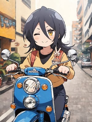 masterpiece, best quality, high Resolution, chibi style, full shot
1girl, expressive outfits, blue hair, long hair, yellow eyes, tilt head, smiling, (wink eye)
rider, riding honda super cub c50, super cub c50, Half Helmet, goggles, one hand on handle bar, ((one hand peace sign))
street, city, morning, hair flying, cute bag on shoulder, stikers on super cub c50, stikers on helmet, ani_booster, kuchiki rukia, looking_at_viewer