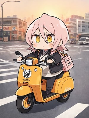 masterpiece, best quality, high Resolution, chibi style, full shot
1girl, expressive outfits, [pink hair/blue hari], yellow eyes, serious
rider, riding honda super cab, super cab, one hand on handle bar, riding to viewer
street, city, morning, hair flying, cute bag on shoulder, stikers on super cab, ani_booster, kuchiki rukia