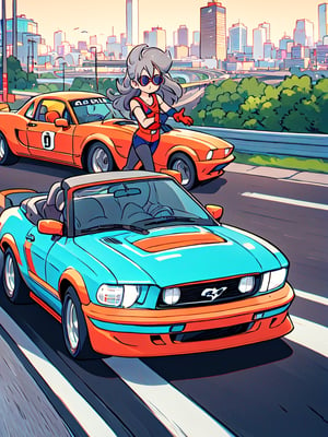 masterpiece, best quality, high Resolution, toriyama_akira style
1girl, expressive outfits, gray hair, long hair, gray eyes, nice brest
driver, driving 1970 ford mustang convertible, mustang convertible, wear sun glasses, wear gloves, 
road, sky, city, morning, hair flying, racing car painting looking_at_viewer, midjourney, 1 girl,