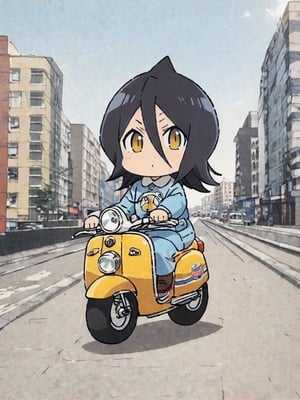 masterpiece, best quality, high Resolution, chibi style, full shot
1girl, expressive outfits, baby blue hair, long hair, yellow eyes, exciting, big eye
rider, riding honda super cub c50, super cub c50, wear half helmet, wear goggles, right hand on handle bar, ((left hand peace sign))
street, city, morning, hair flying, wear cute bag, stikers on super cub c50, stikers on helmet, ani_booster, kuchiki rukia, looking_at_viewer