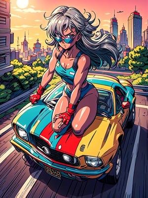masterpiece, best quality, high Resolution, toriyama_akira style
1girl, expressive outfits, gray hair, long hair, nice brest, in a car
driver, driving 1970 ford mustang convertible, 1970 mustang convertible, wear sun glasses, wfingerless gloves, 
road, sky, city, morning, hair flying, racing car painting looking_at_viewer, midjourney, 1 girl