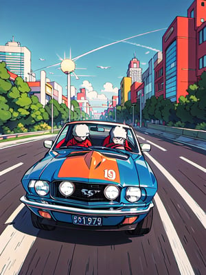 masterpiece, best quality, high Resolution, toriyama_akira style
1girl, expressive outfits, gray hair, long hair, nice brest
driver, driving 1970 ford mustang convertible, 1970 mustang convertible, wear sun glasses, wfingerless gloves, 
road, sky, city, morning, hair flying, racing car painting looking_at_viewer, midjourney, 1 girl