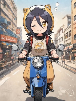 masterpiece, best quality, high Resolution, chibi style, full shot
1girl, expressive outfits, blue hair, long hair, yellow eyes, tilt head, smiling, (wink eye)
rider, riding honda super cub c50, super cub c50, Half Helmet, goggles, one hand on handle bar, ((one hand peace sign)), riding to viewer
street, city, morning, hair flying, cute bag on shoulder, stikers on super cub c50, stikers on helmet, ani_booster, kuchiki rukia, looking_at_viewer