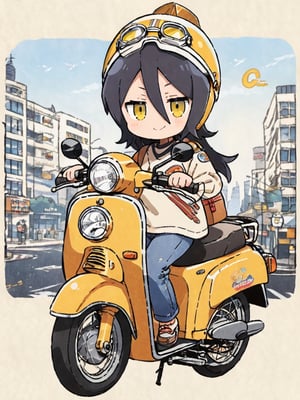 masterpiece, best quality, high Resolution, chibi style, full shot
1girl, expressive outfits, blue hair, long hair, yellow eyes, tilt head, smiling, wink eye
rider, riding honda super cub c50, super cub c50, wear half helmet, wear goggles, right hand on handle bar, ((left hand peace sign))
street, city, morning, hair flying, cute bag on shoulder, stikers on super cub c50, stikers on helmet, ani_booster, kuchiki rukia, looking_at_viewer