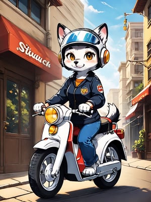 masterpiece, best quality, high Resolution, chibi style, full shot
1dog, expressive outfits, gray hair, yellow eyes, smiling
dog rider, riding honda super cub c50, super cub c50, wear half helmet, wear goggles, right claw on handle bar, ((left claw peace sign))
street, city, morning, hair flying, cute bag on shoulder, stikers on super cub c50, stikers on helmet, ani_booster, looking_at_viewer, cartoon,furry,furry girl
