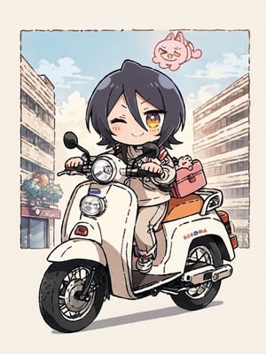 masterpiece, best quality, high Resolution, chibi style, full shot
1girl, expressive outfits, [pink hair/blue hair], yellow eyes, tilt head, smiling, (wink eye)
rider, riding honda super cub, super cub, one hand on handle bar, ((one hand peace sign)), riding to viewer
street, city, morning, hair flying, cute bag on shoulder, stikers on super cab, ani_booster, kuchiki rukia, looking_at_viewer